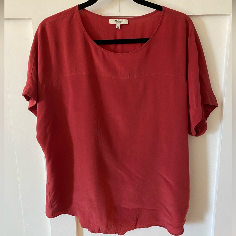 Madewell red silk shirt.